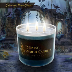 A three-wick candle labeled Evening Mood Candle glowing softly.
