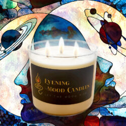 A Saturn-themed candle on a colorful planet background.