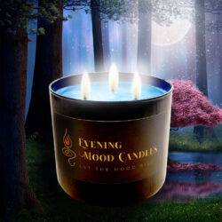 A glowing candle with three flames in a serene forest setting.