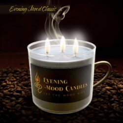 Triple-wick evening mood candle with warm glow and coffee beans.