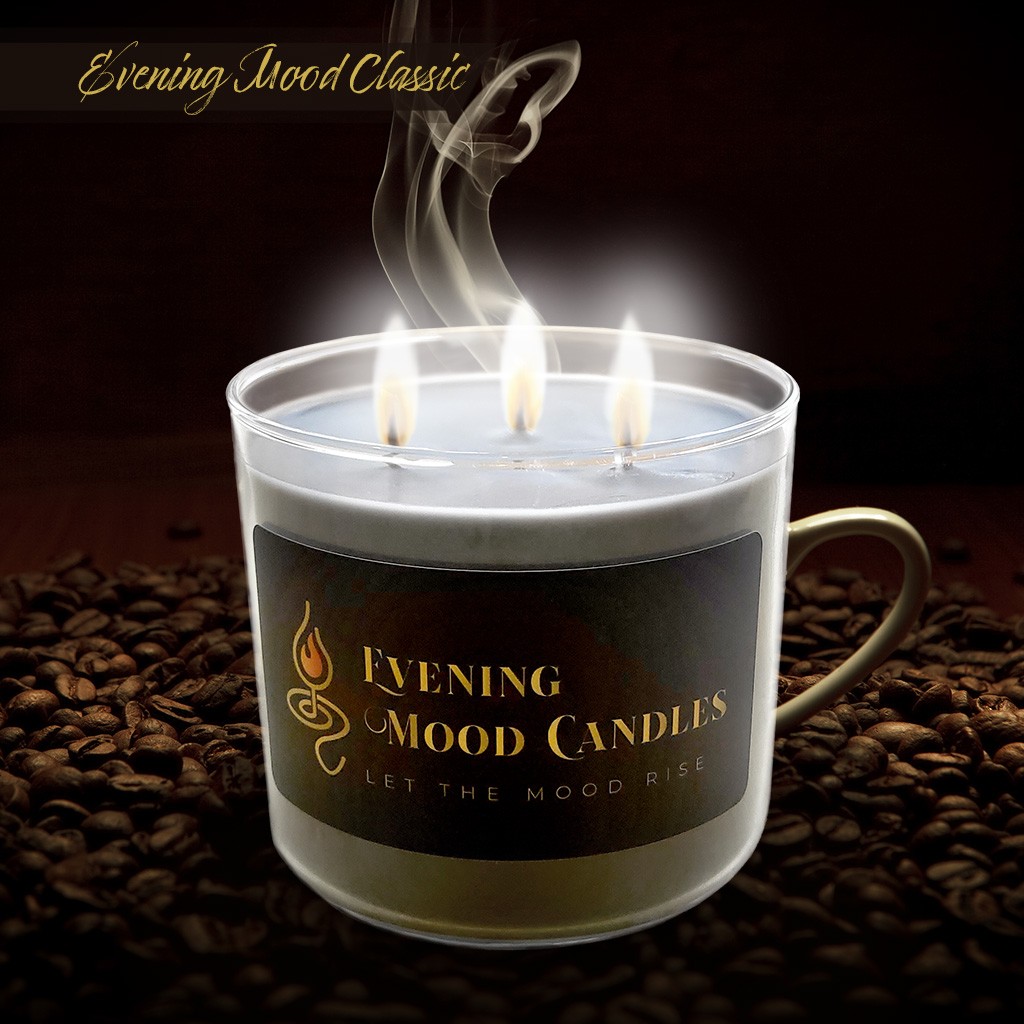 Triple-wick evening mood candle with warm glow and coffee beans.