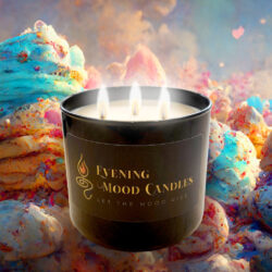 A black candle labeled "Burning Mood Candles" with colorful, dreamy background.