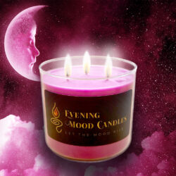A glowing pink candle labeled "Evening Mood Candle" with a crescent moon in the background.