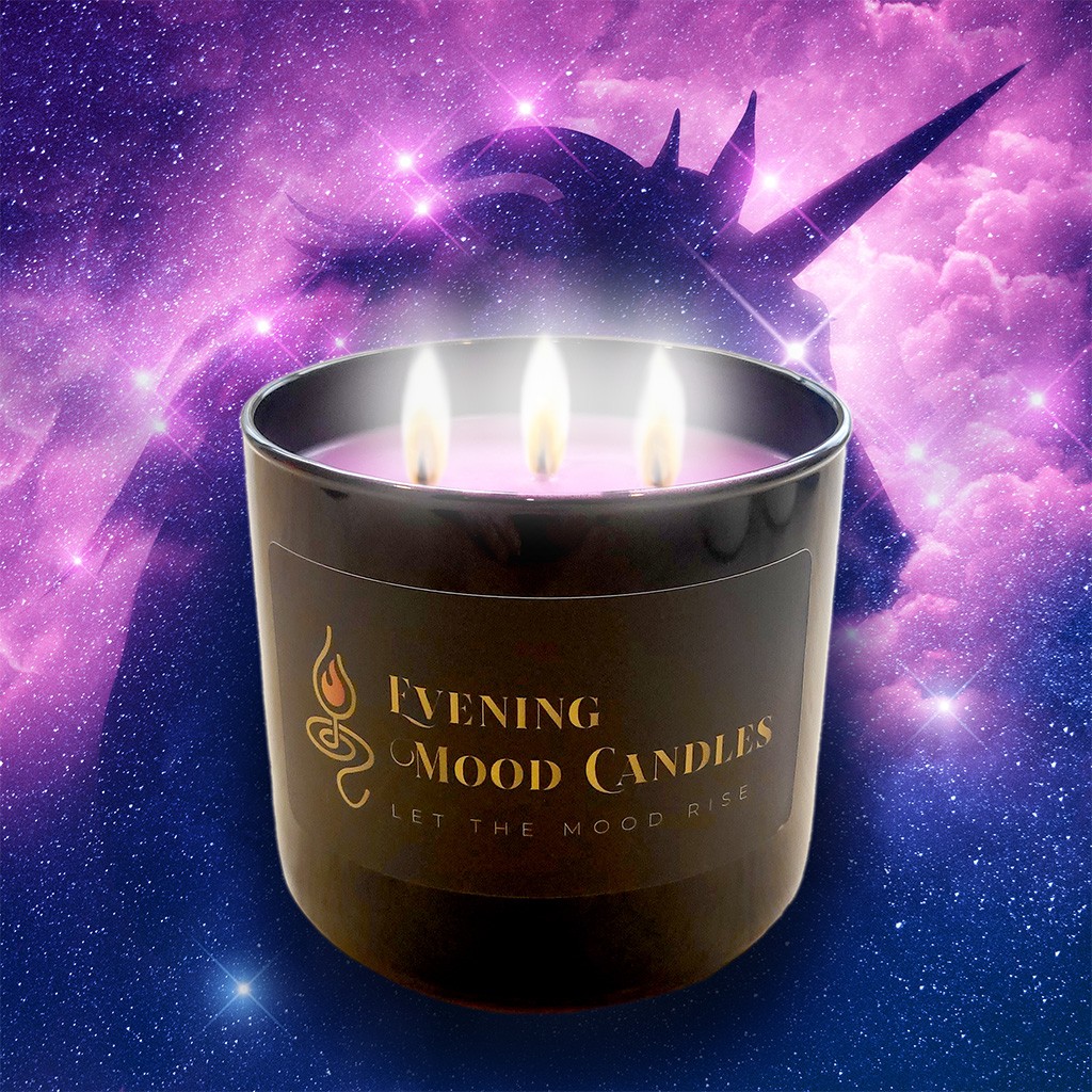 A glowing candle with a mystical purple unicorn in the background.
