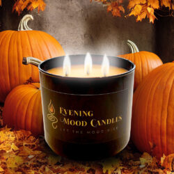 A glowing candle surrounded by pumpkins and autumn leaves.