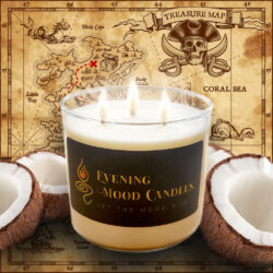 A glowing coconut-scented candle with pirate treasure map background.