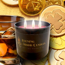 A black candle with three flames surrounded by whiskey and gold coins.