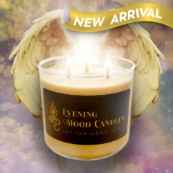 A glowing candle with angel wings and 'New Arrival' banner.